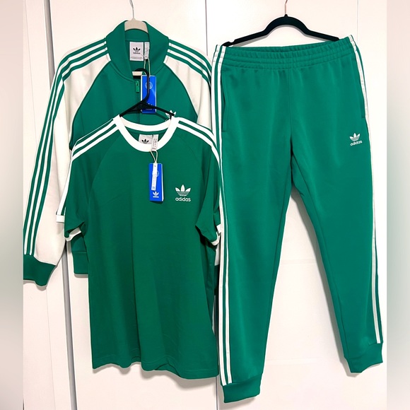 Adidas original tracksuit top pants & tee brand new with tag green & white color - Picture 1 of 4